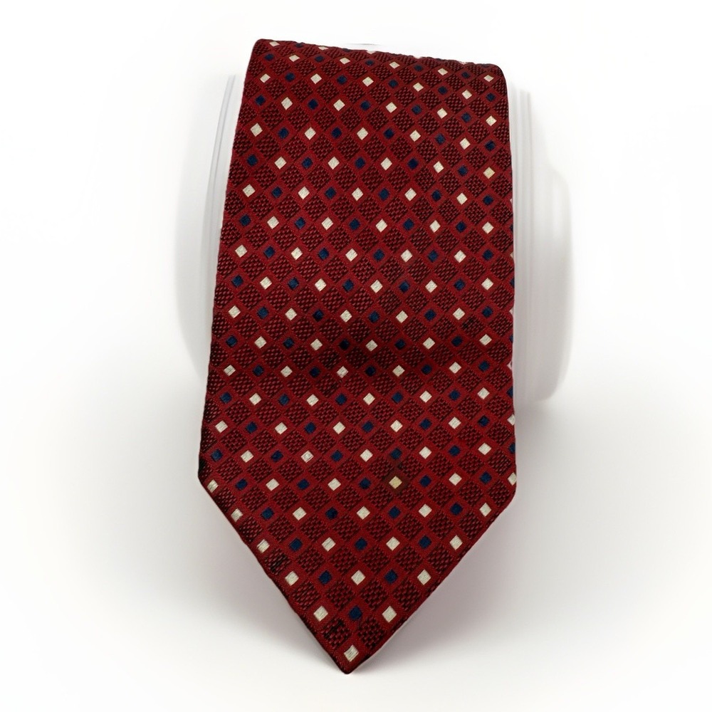 Bruno Piattelli Italian Pure Silk Burgundy Red Blue White Geometric Print Tie